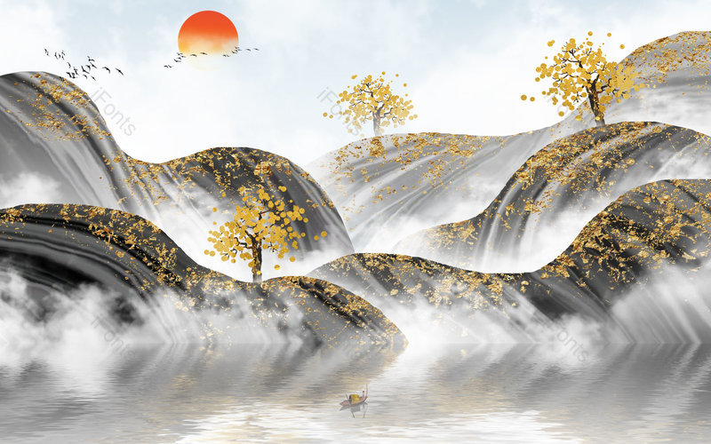 中国风夕阳手绘风景山水插画背景设计,插画/手绘图,插画/手绘图库,插画/手绘图下载,插画/手绘